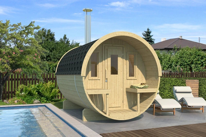Barrel Sauna 250 exterior showing the curved stave construction and door