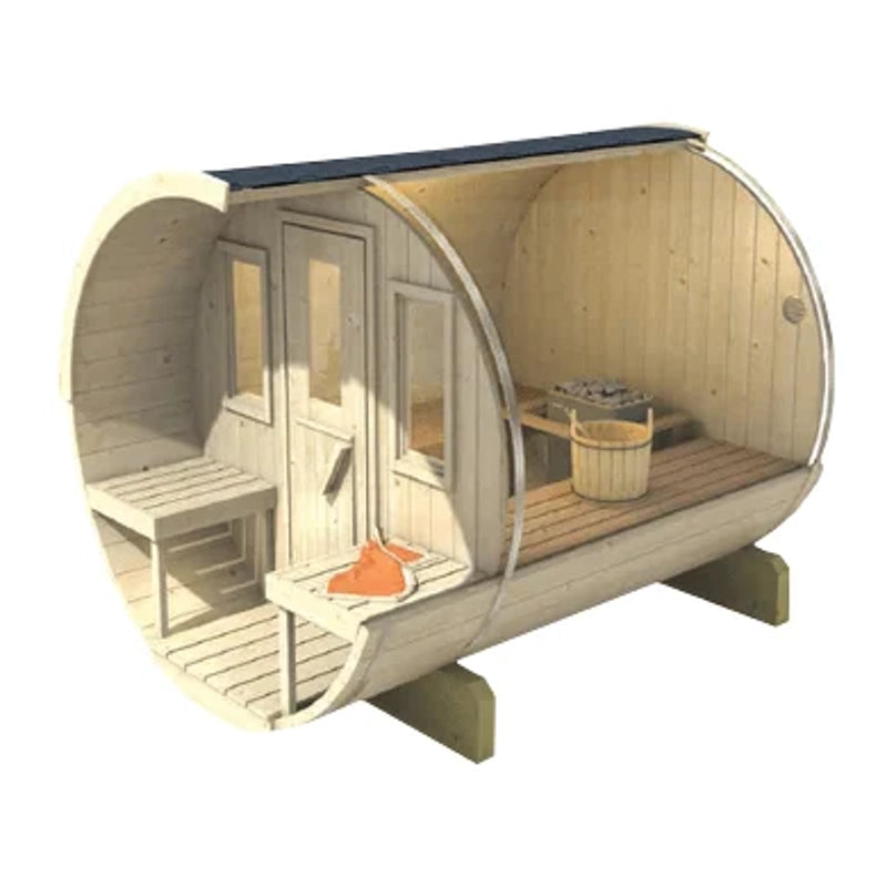 A wooden 250 sauna cabin with an open front and side, showing the interior with wooden walls, bench seating, a bucket, and a towel, isolated on a white background.