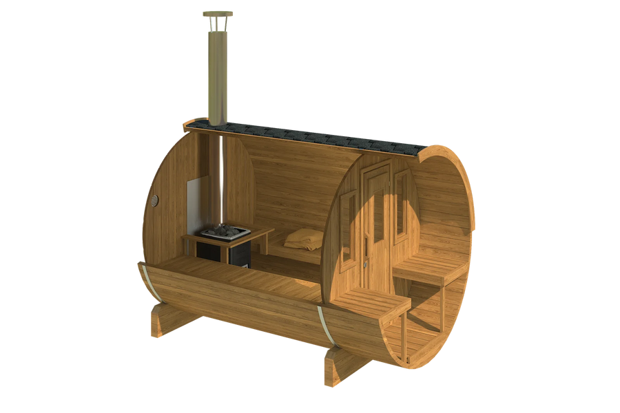 Inside the cabin, benches along both sides with the heater in the corner
