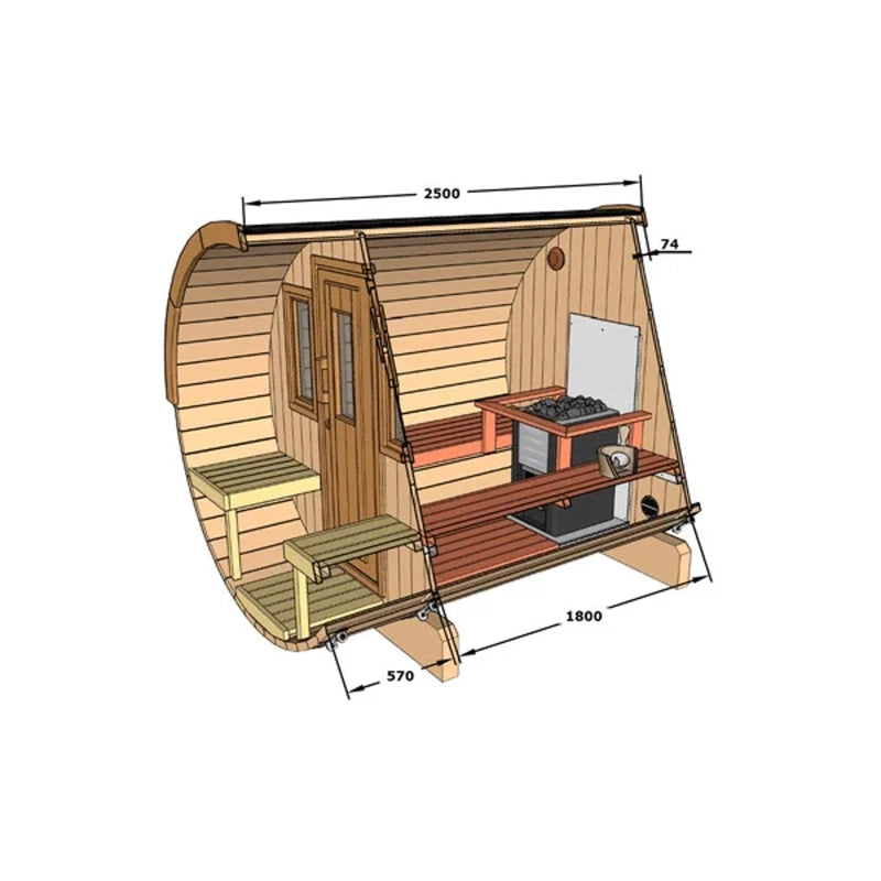 Cut through of 250-barrel sauna to show sizing and configuration