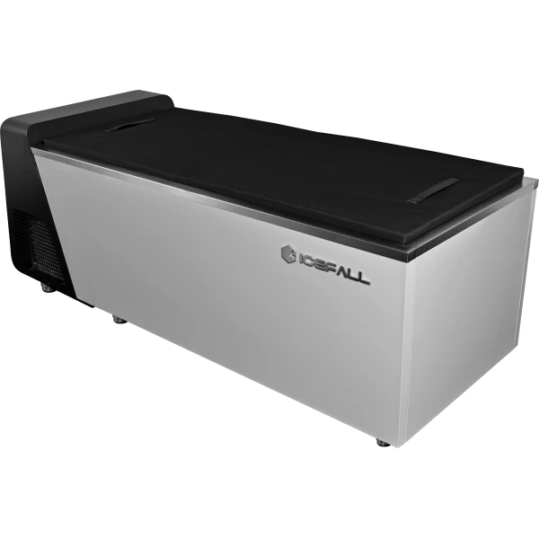 IceFall Ice Bath closed, seen from the front corner, showing its full two metre length and insulated lid.