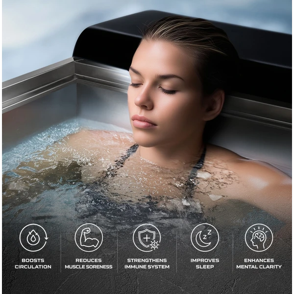Manufacturer's lifestyle photograph of a person sitting in a cold plunge bath.