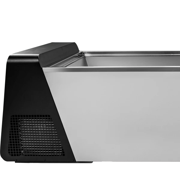 The plant end of the IceFall Ice Bath, showing the ventilation grille and the empty stainless steel tub.