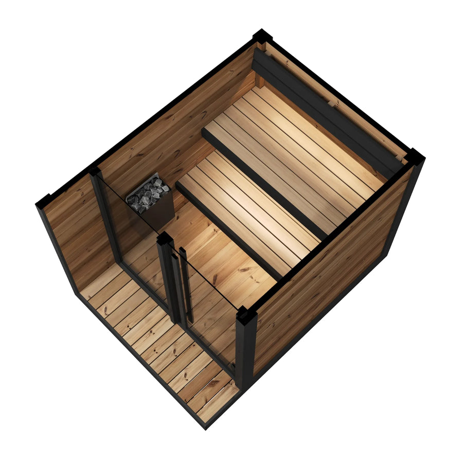 Cutaway of the Hiki S from above: the two level benches, the heater by the door and the covered deck