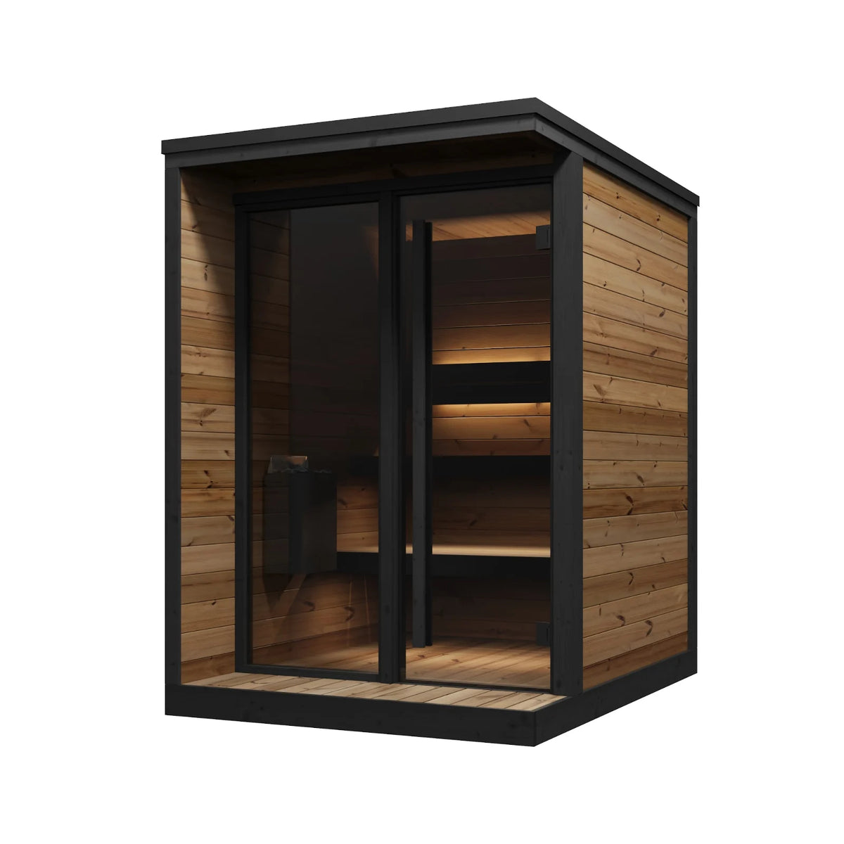 Hiki S from the front corner: thermo treated timber, black flashing, full height glass door under the deck