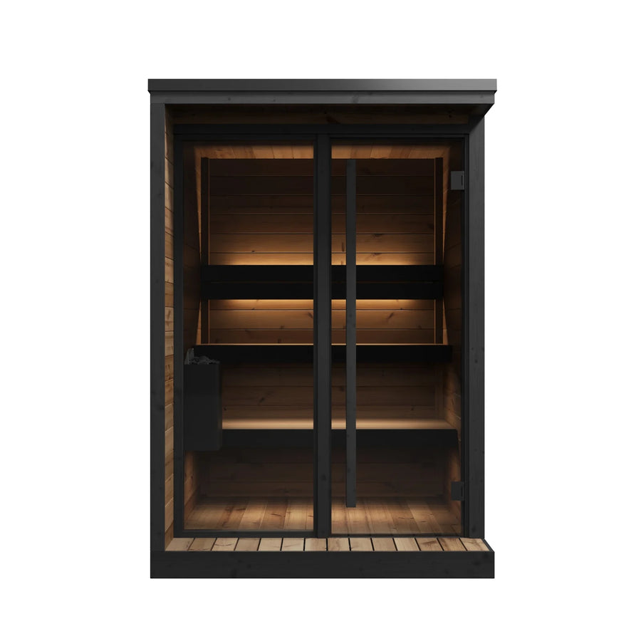 Hiki S straight on, the two level benches visible through the glass door
