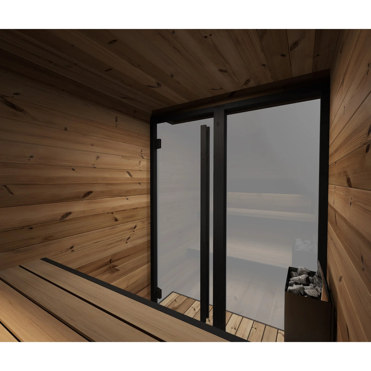 Inside the Hiki S: the floor standing heater beside the glass door, the window to the side and the upper bench