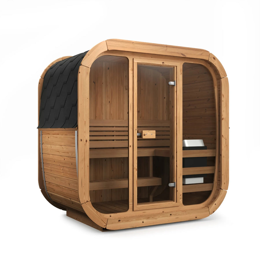 ICON 125 from the front corner, showing the glass front wall, the door and the thermo treated spruce staves