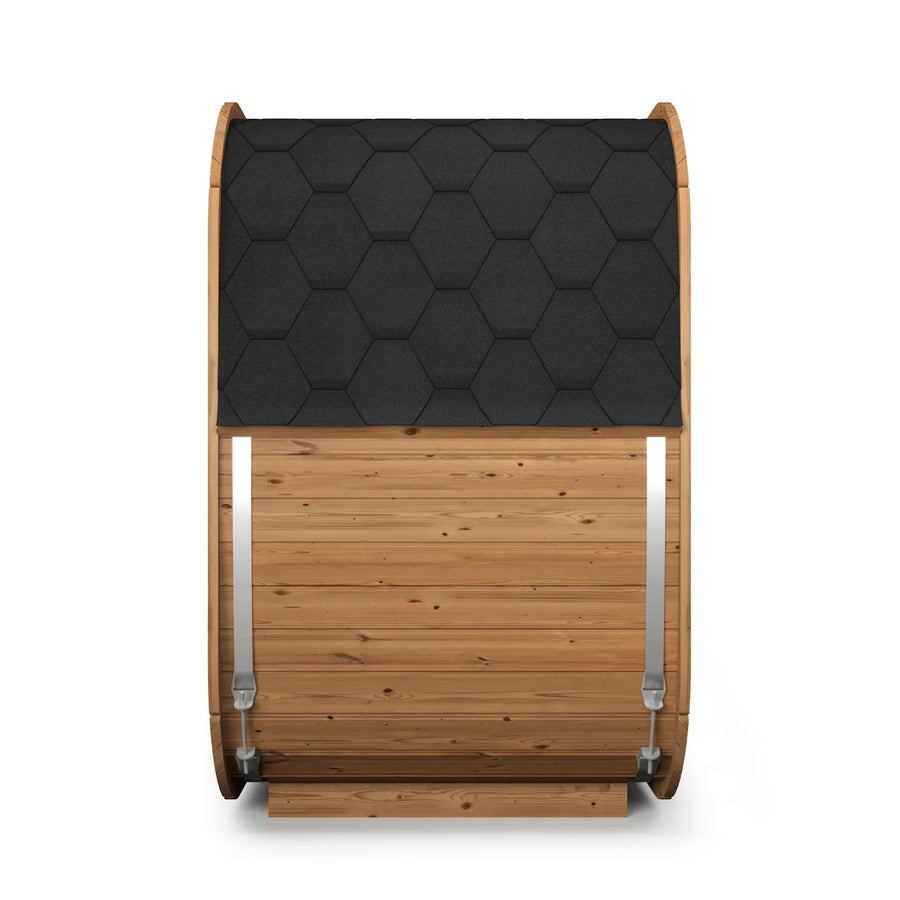 ICON 125 from the side, 1,250mm deep, with the shingle roof wrapping over the curved staves
