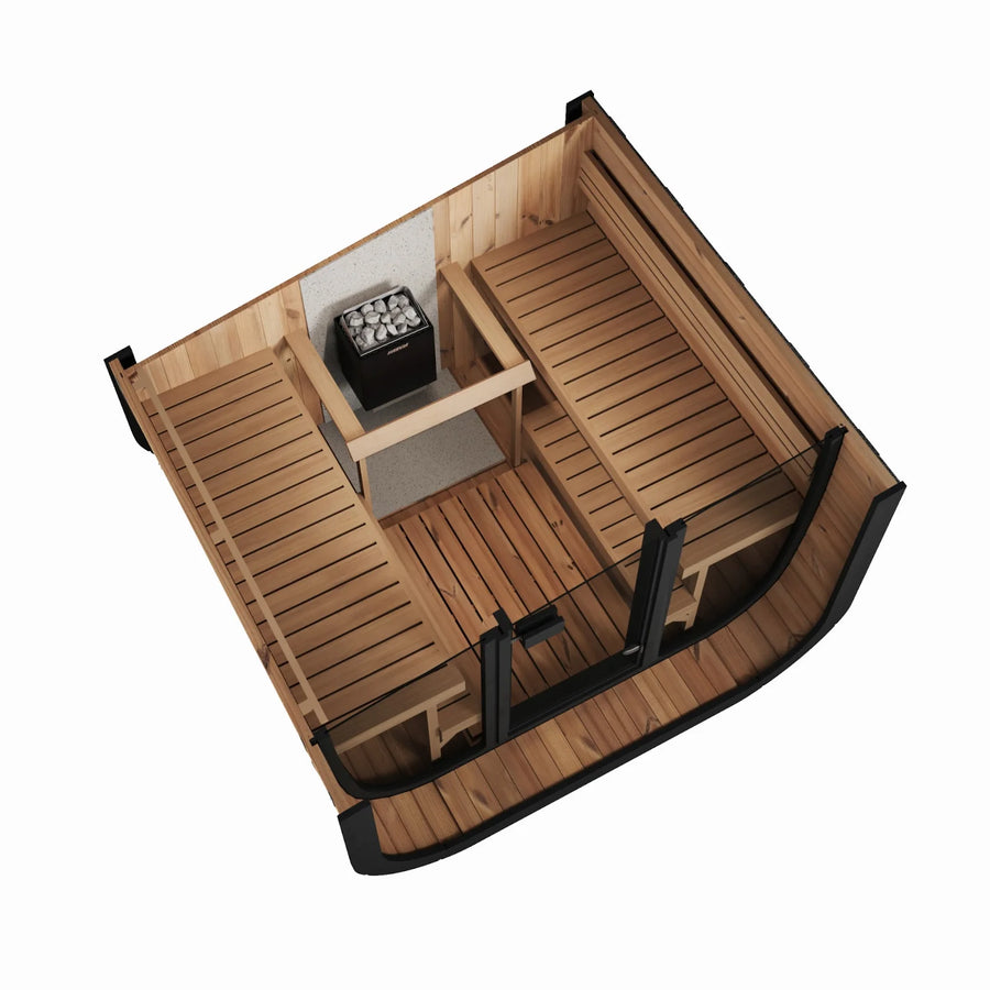 Cutaway of the ICON 220 XL from above showing the two level benches on both sides and the heater by the door