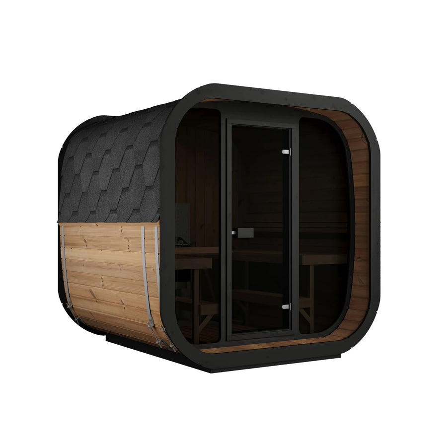 ICON 220 XL from the front corner, showing the full height glass front wall, the door set into it and the shingle roof wrapping over the curved staves