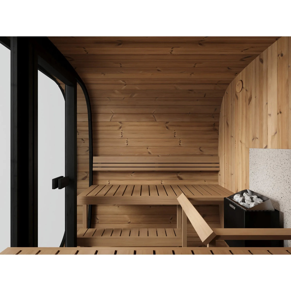 Inside the ICON 220 XL, the two level benches along the side and the heater bay beside the glass door