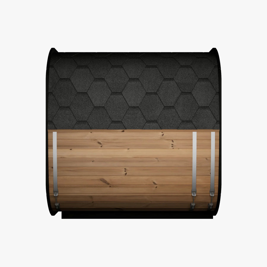 ICON 220 XL from the side, 2,310mm long, with the shingle roof over 42mm thermo treated staves
