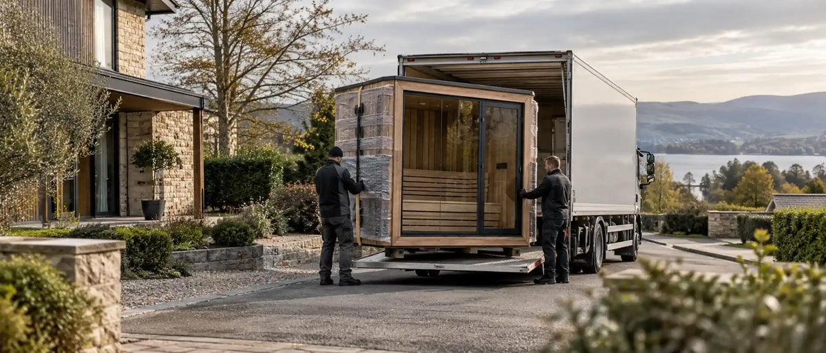 A wooden sauna being unloaded from a truck on a driveway