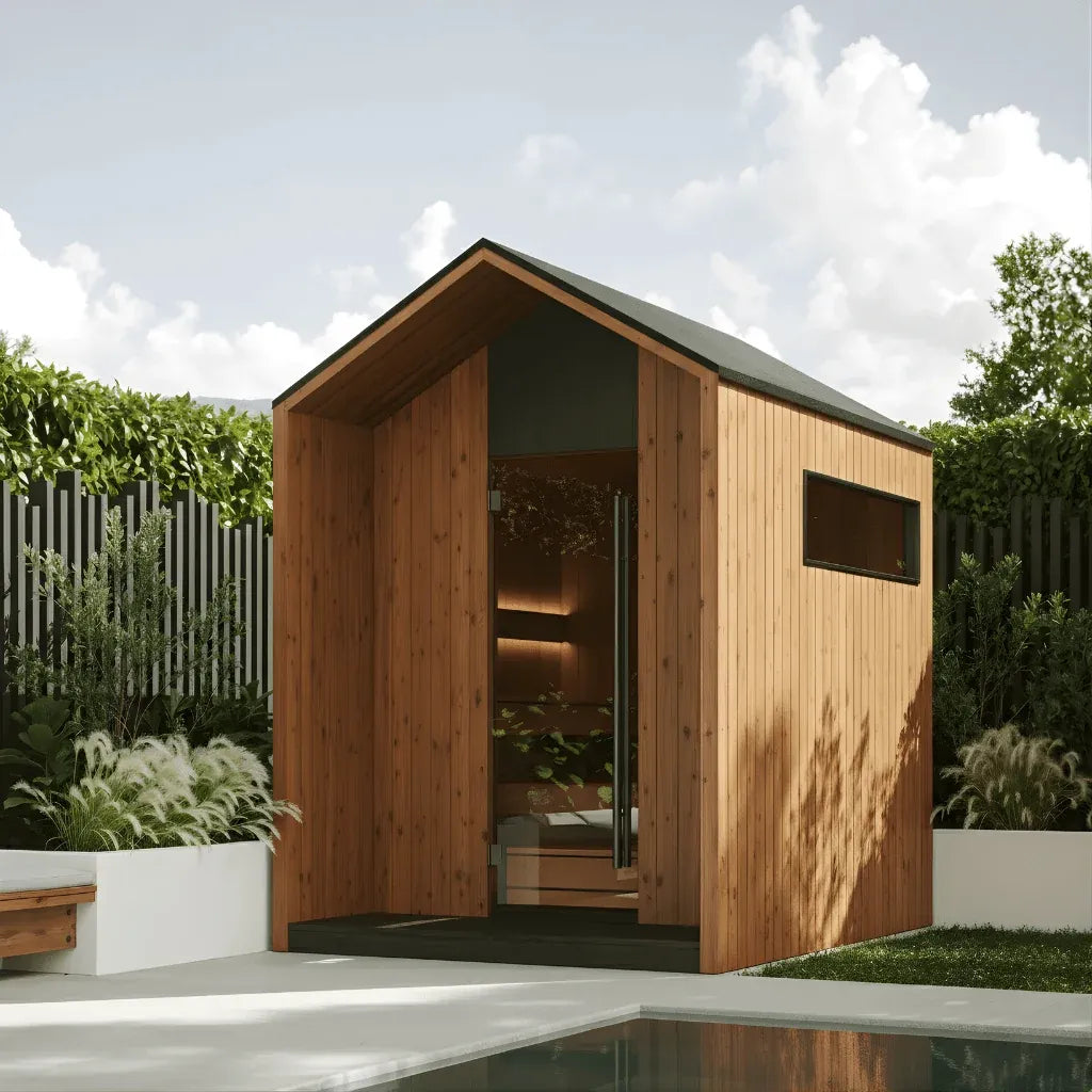 AIRA four to six person outdoor sauna in natural thermo pine with its pitched roof