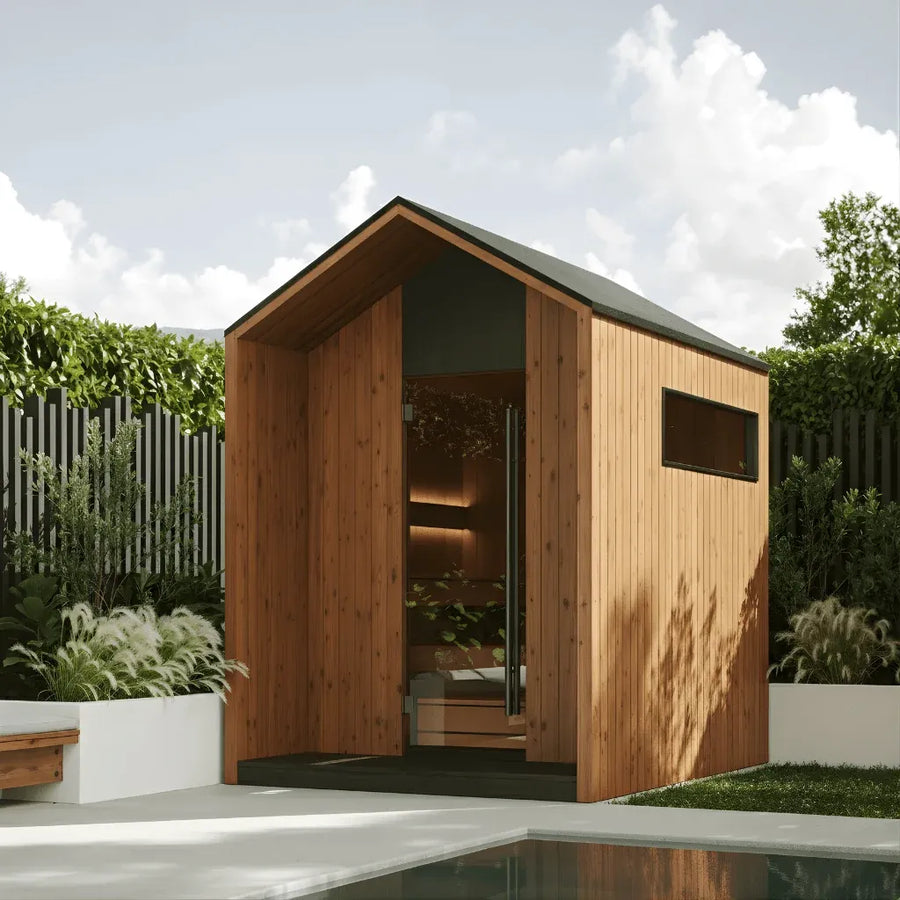 AIRA four to six person outdoor sauna in natural thermo pine with its pitched roof