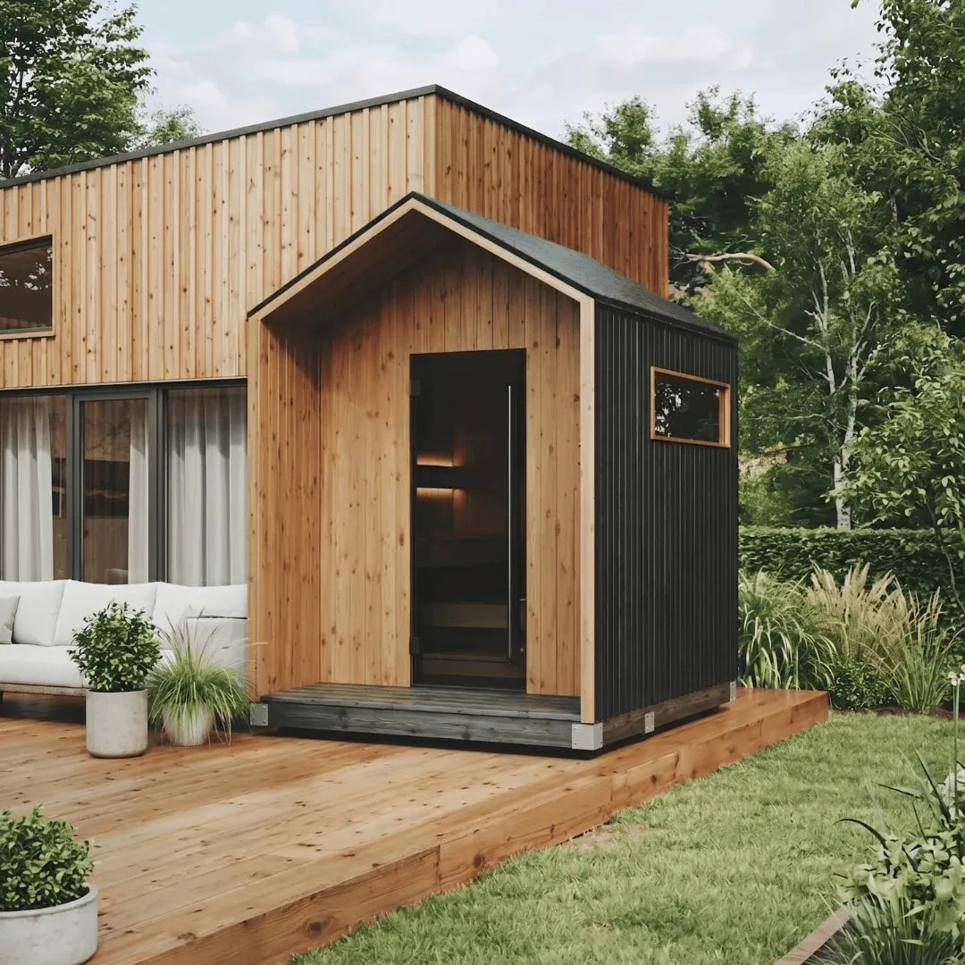 AIRA outdoor sauna in the black finish on a deck