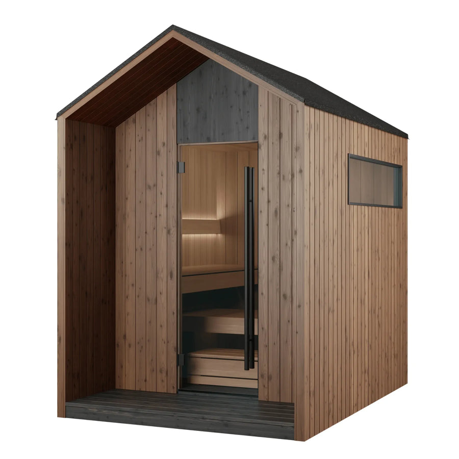 AIRA outdoor sauna, natural finish, from the front corner