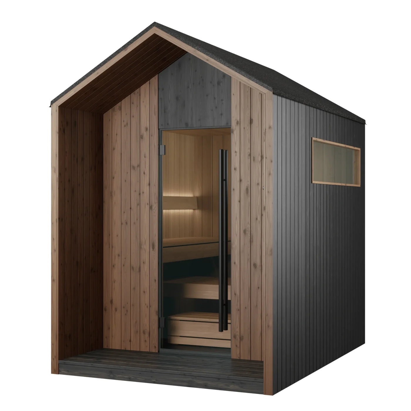 AIRA outdoor sauna in black, front elevation