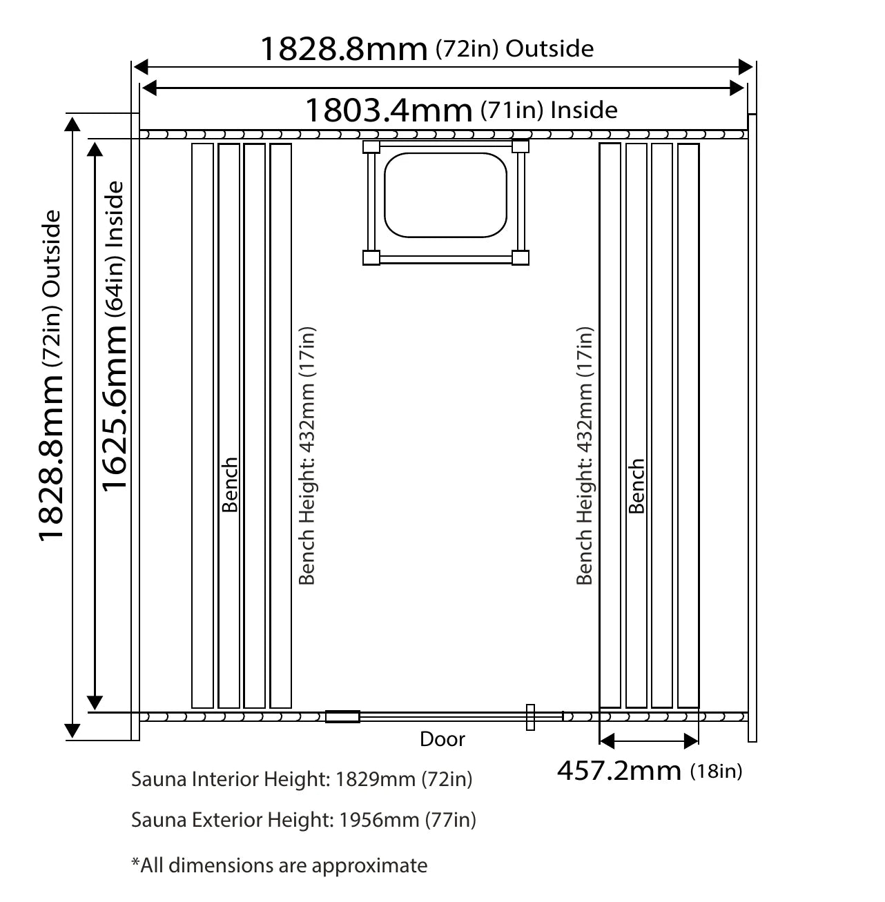Dimensioned plan of the Pinnacle: 1828.8mm outside and 1803.4mm inside across, 1625.6mm inside front to back, benches 432mm high