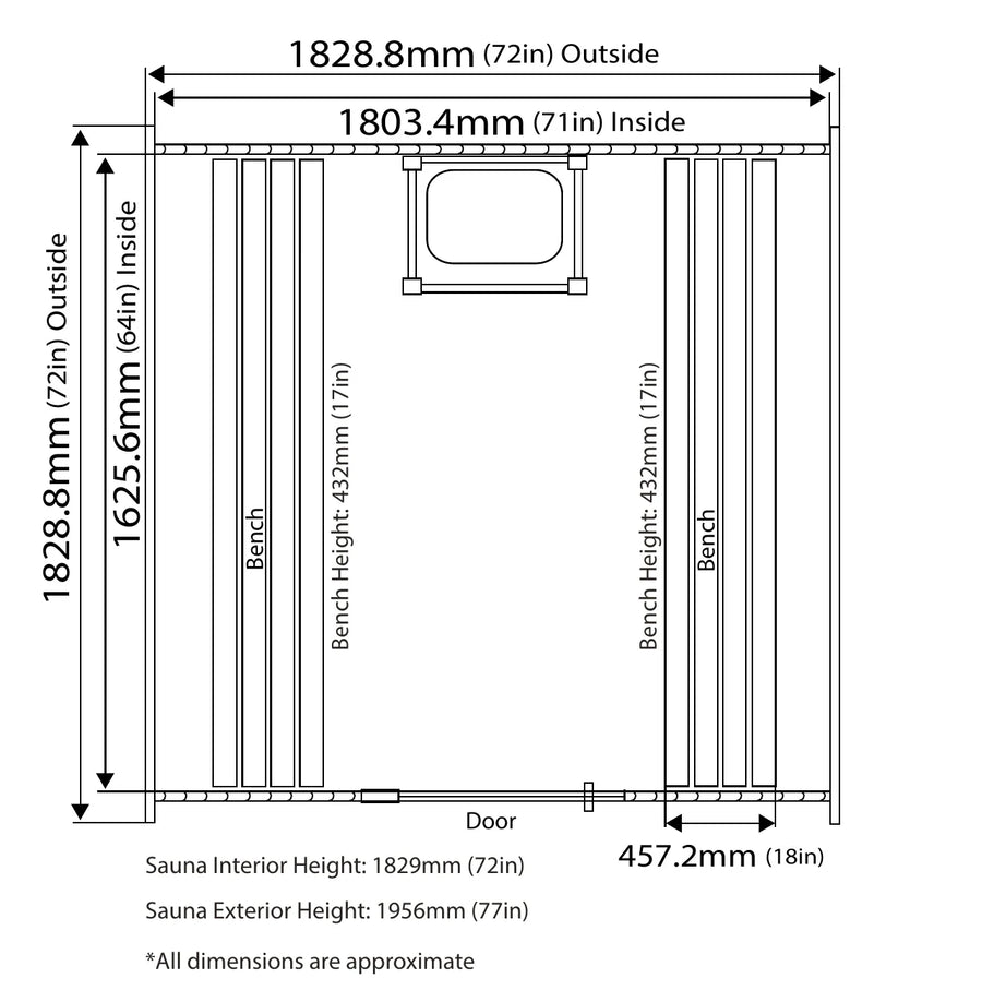 Dimensioned plan of the Pinnacle: 1828.8mm outside and 1803.4mm inside across, 1625.6mm inside front to back, benches 432mm high