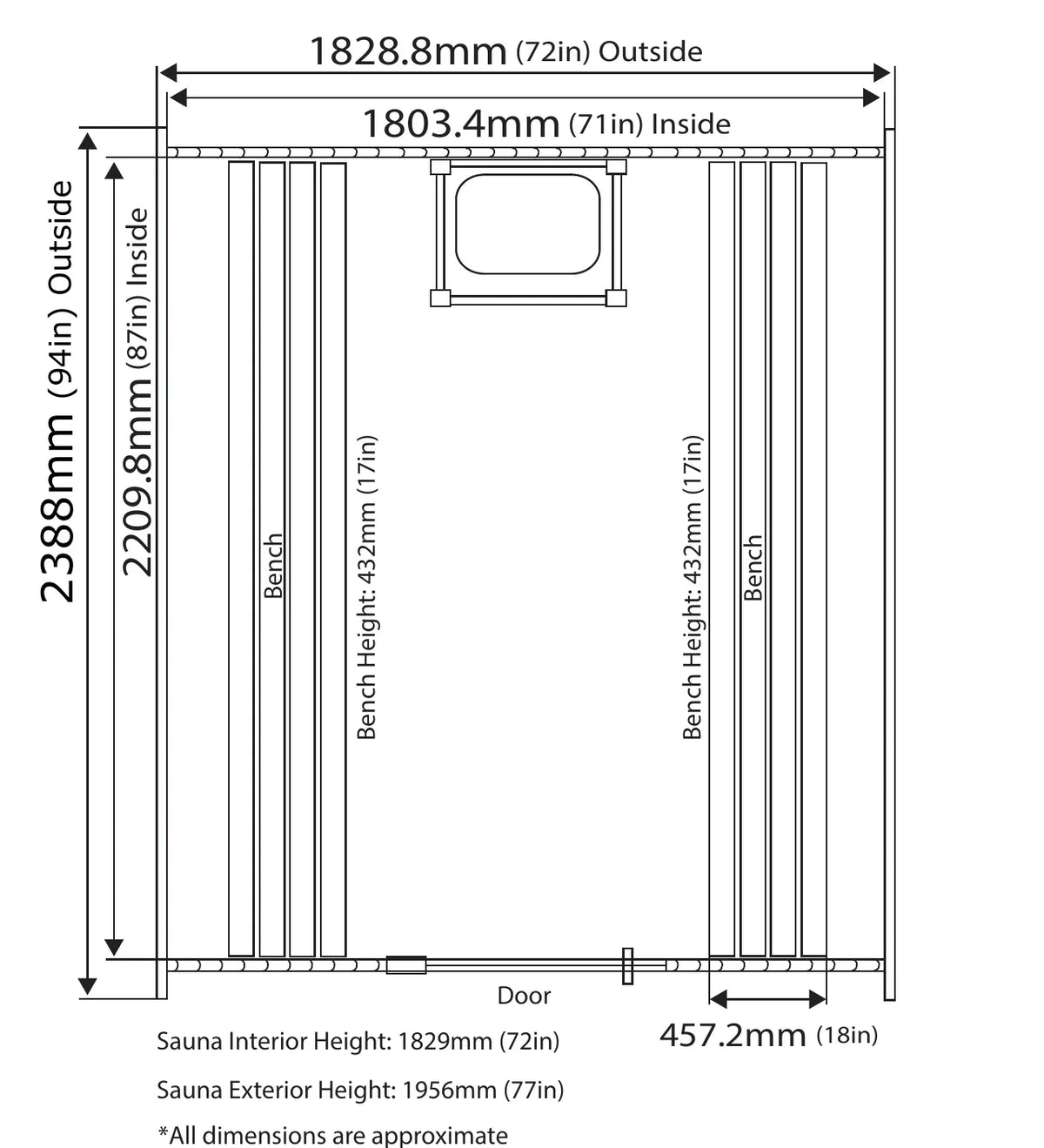 Dimensioned plan of the Princeton: 2388mm outside and 2209.8mm inside front to back, 1828.8mm across, benches 432mm high