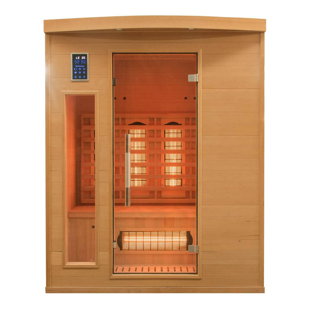 France Sauna Apollon 2 infrared sauna in Canadian spruce, seen from the front with the glass door and side window, emitters lit