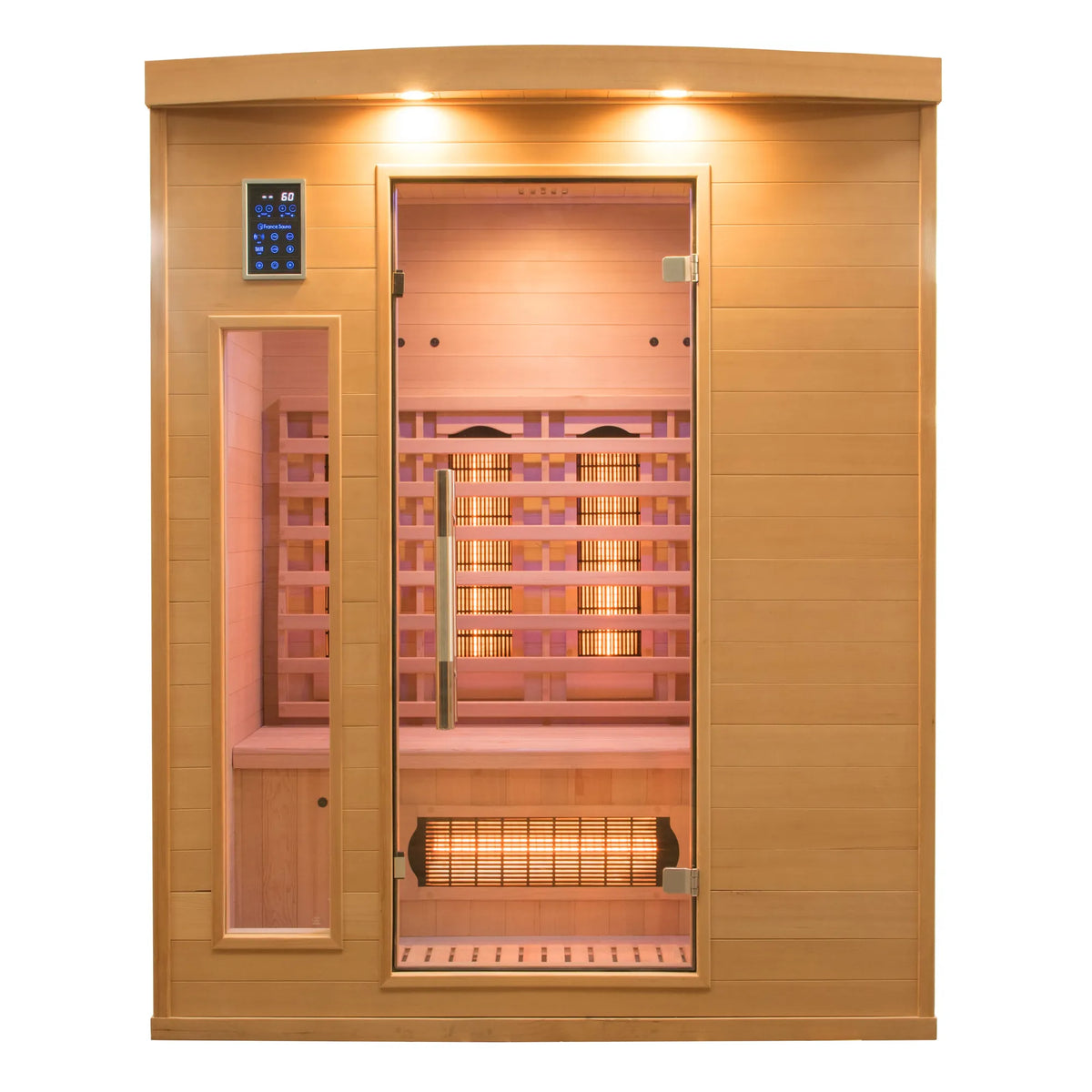 France Sauna Apollon 3 infrared sauna in Canadian spruce, seen from the front with the glass door and side windows, emitters lit