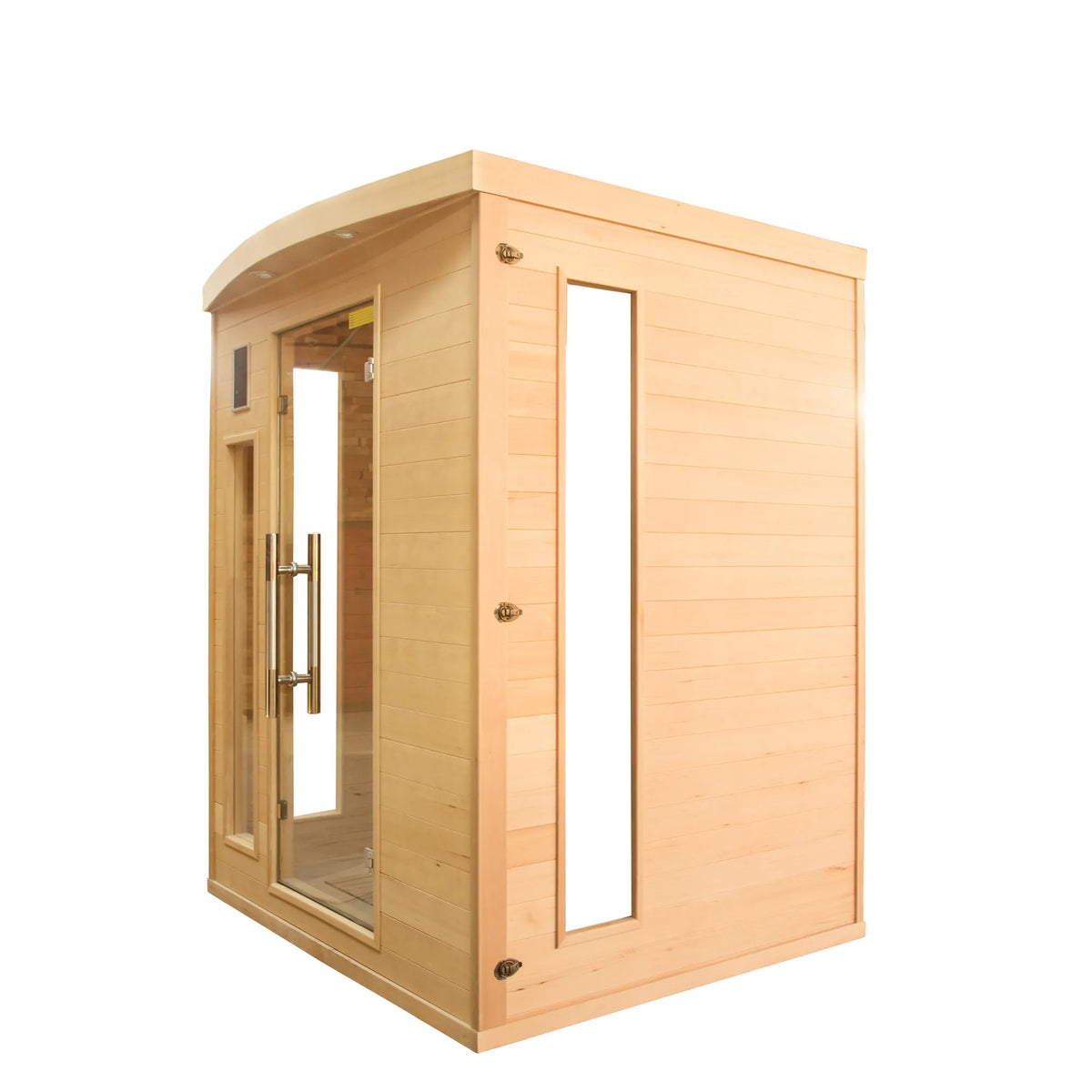 France Sauna Apollon 3C corner infrared sauna in Canadian spruce, seen from the front with the angled glass front
