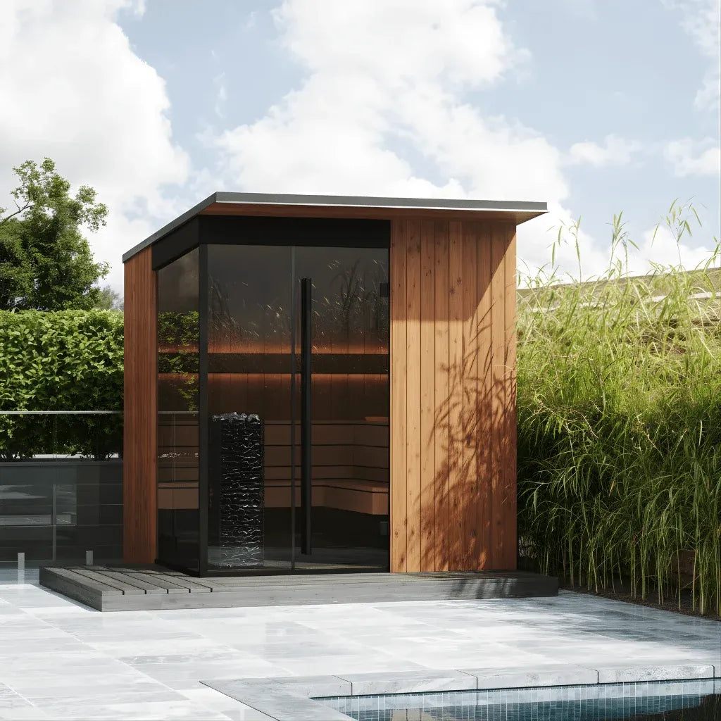 EDEN five to six person outdoor sauna in natural thermo pine with its covered terrace
