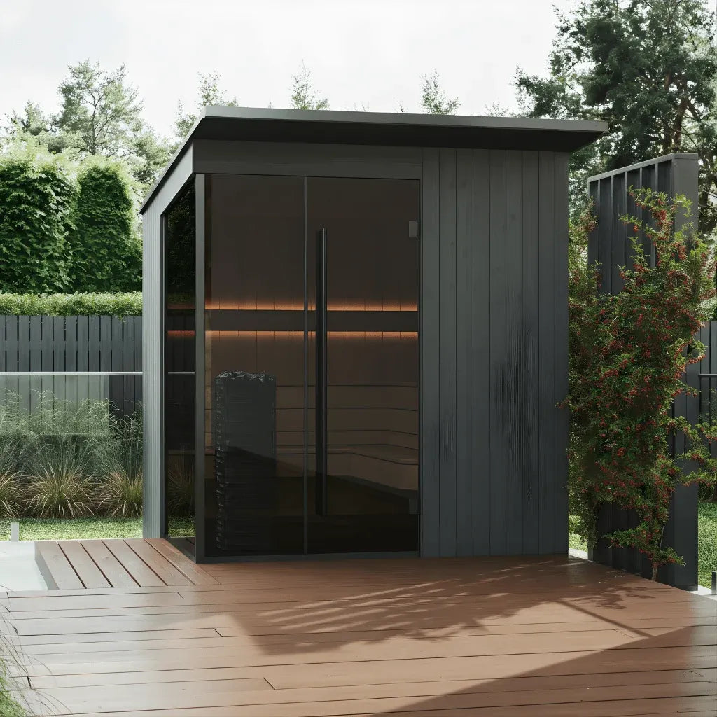 EDEN outdoor sauna in the black finish