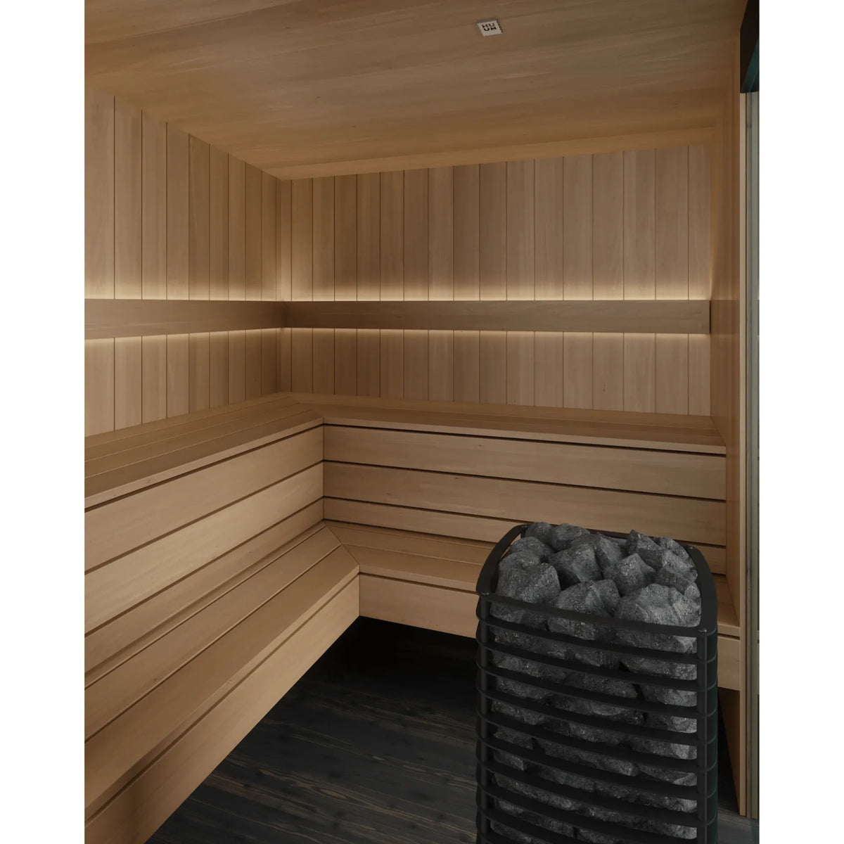 EDEN interior: L shaped two tiered benches with LED backrest lighting