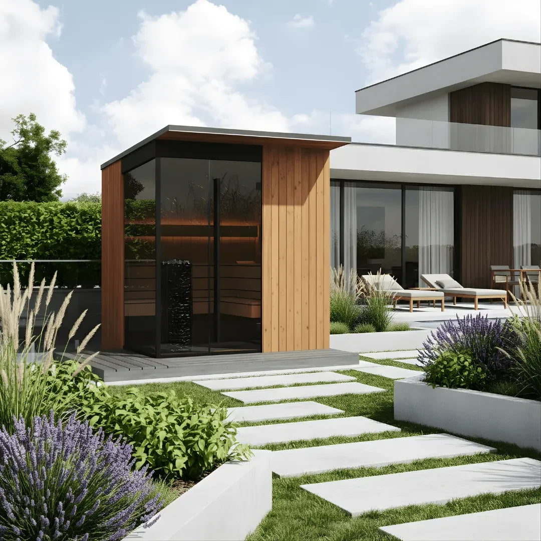 EDEN outdoor sauna with its terrace, beside a house