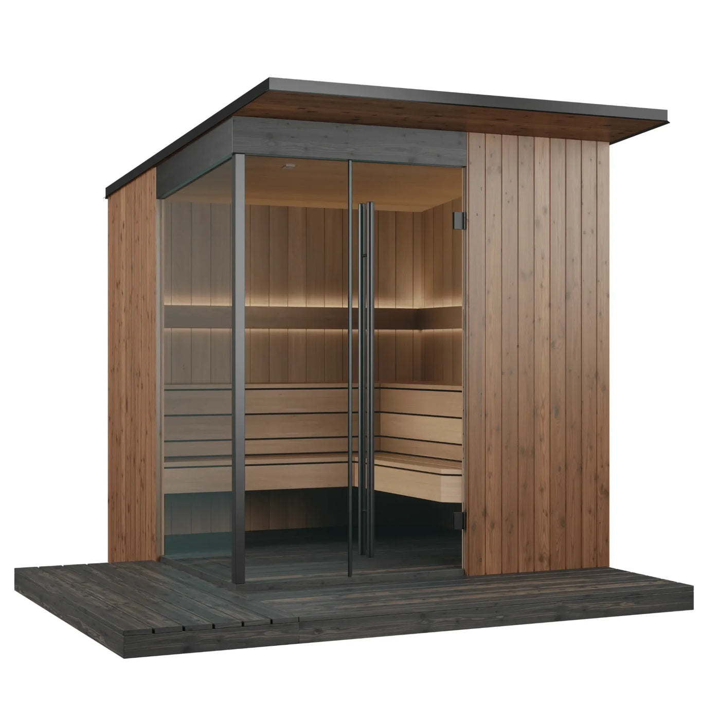 EDEN outdoor sauna, natural finish, cutaway view of the benches and terrace
