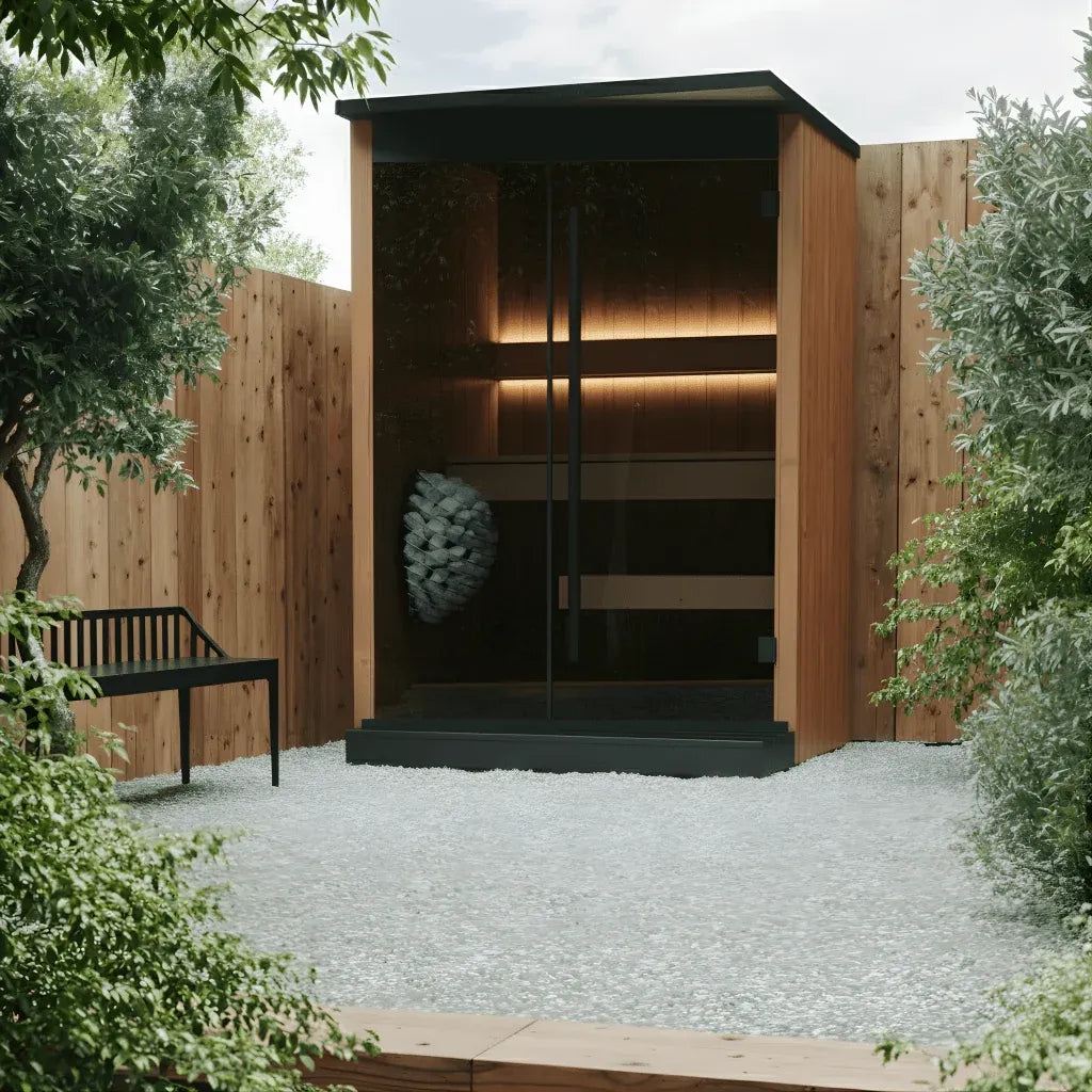 EMBA two person outdoor sauna in natural thermo pine with a glass front, in a gravel courtyard