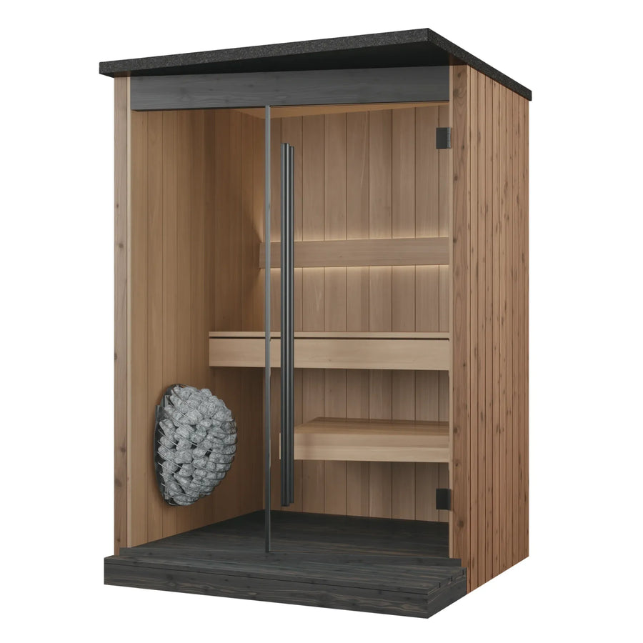 EMBA outdoor sauna, natural finish, exterior from the front corner