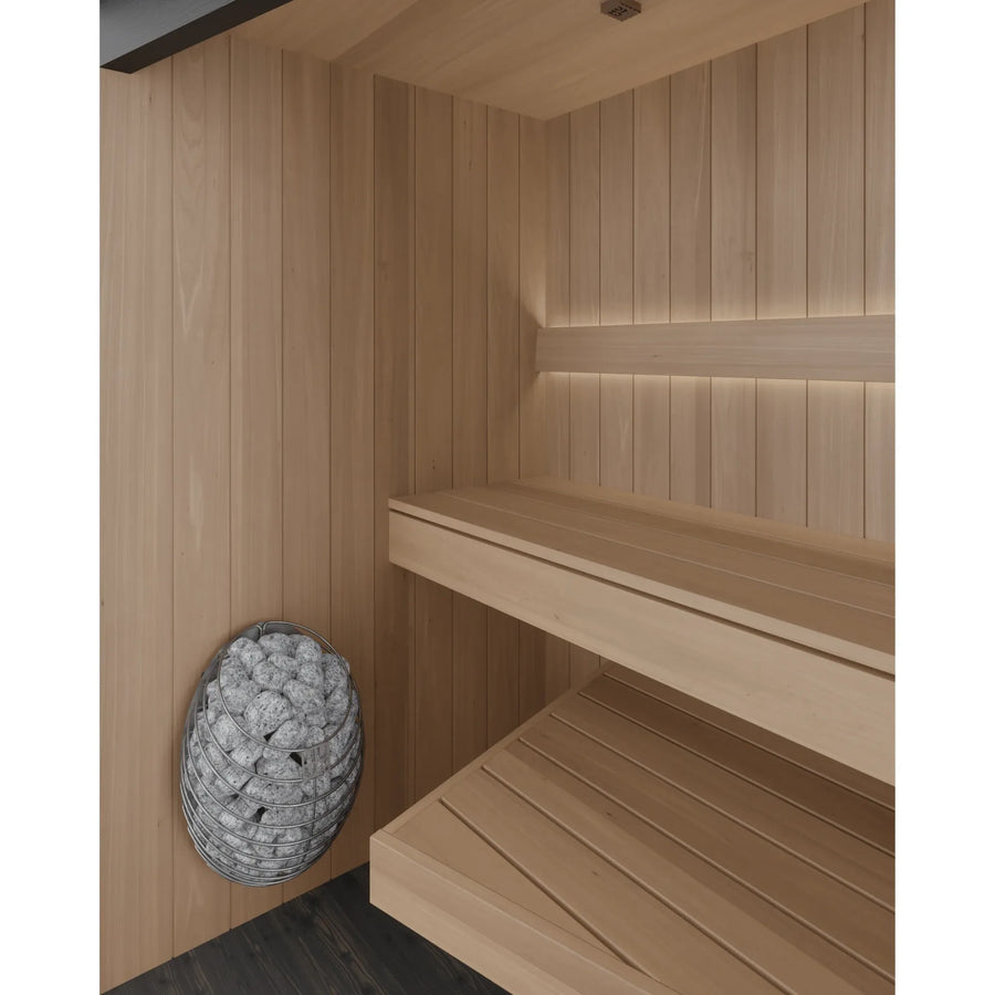 EMBA interior: single bench along the back wall with the heater and LED backrest light