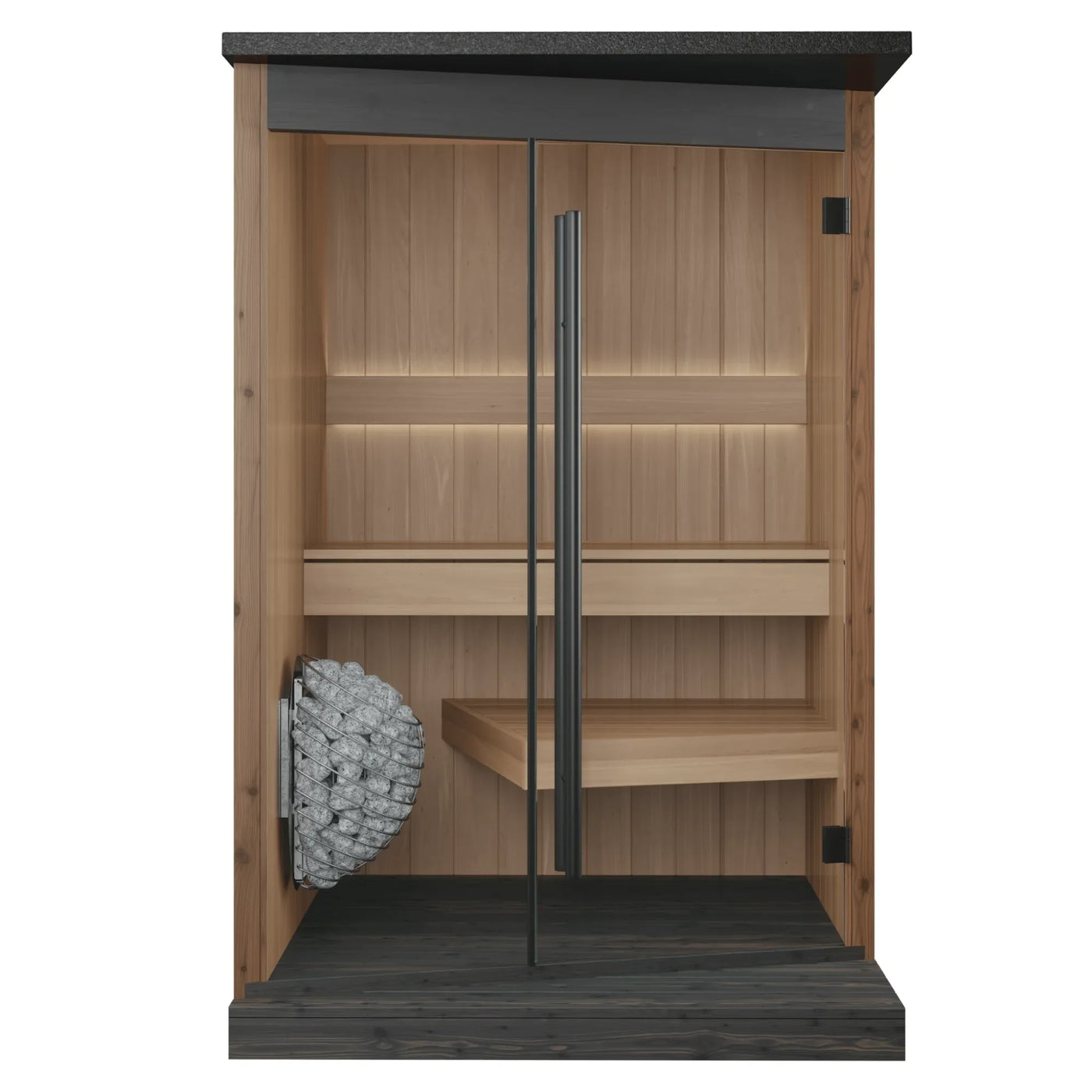 EMBA outdoor sauna, natural finish, front elevation with the glass door