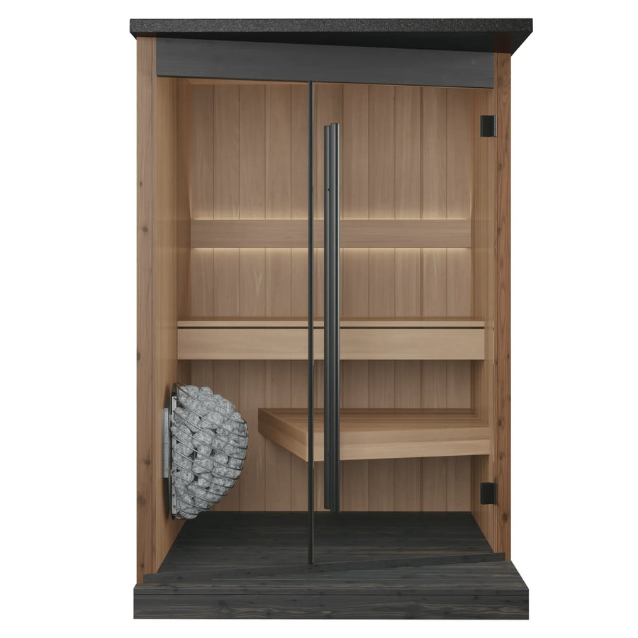 EMBA outdoor sauna, natural finish, front elevation with the glass door