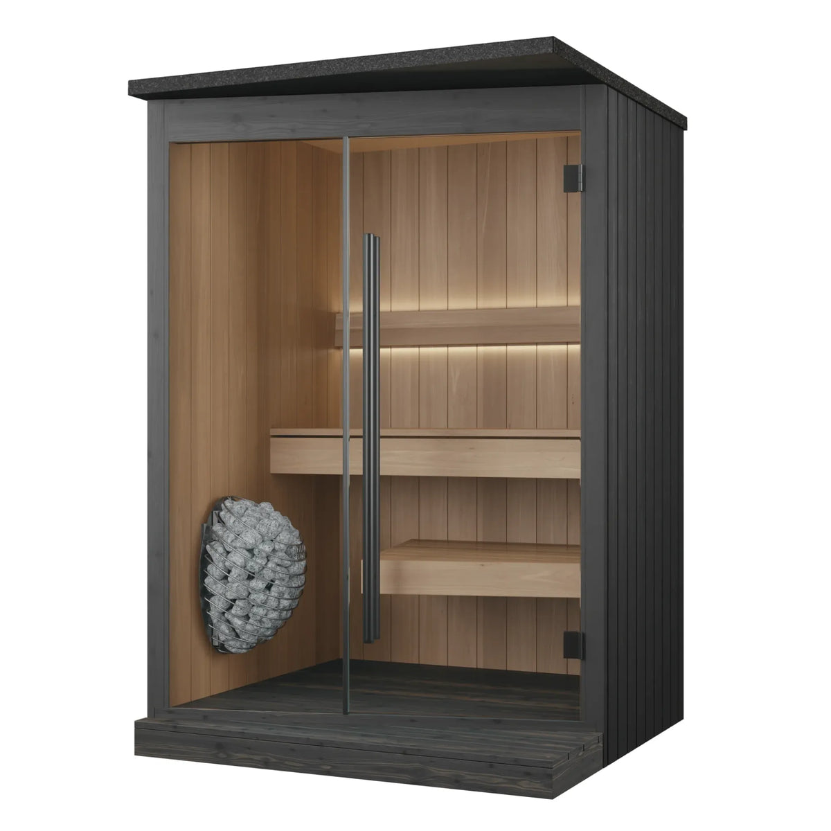 EMBA outdoor sauna in black, exterior from the front corner