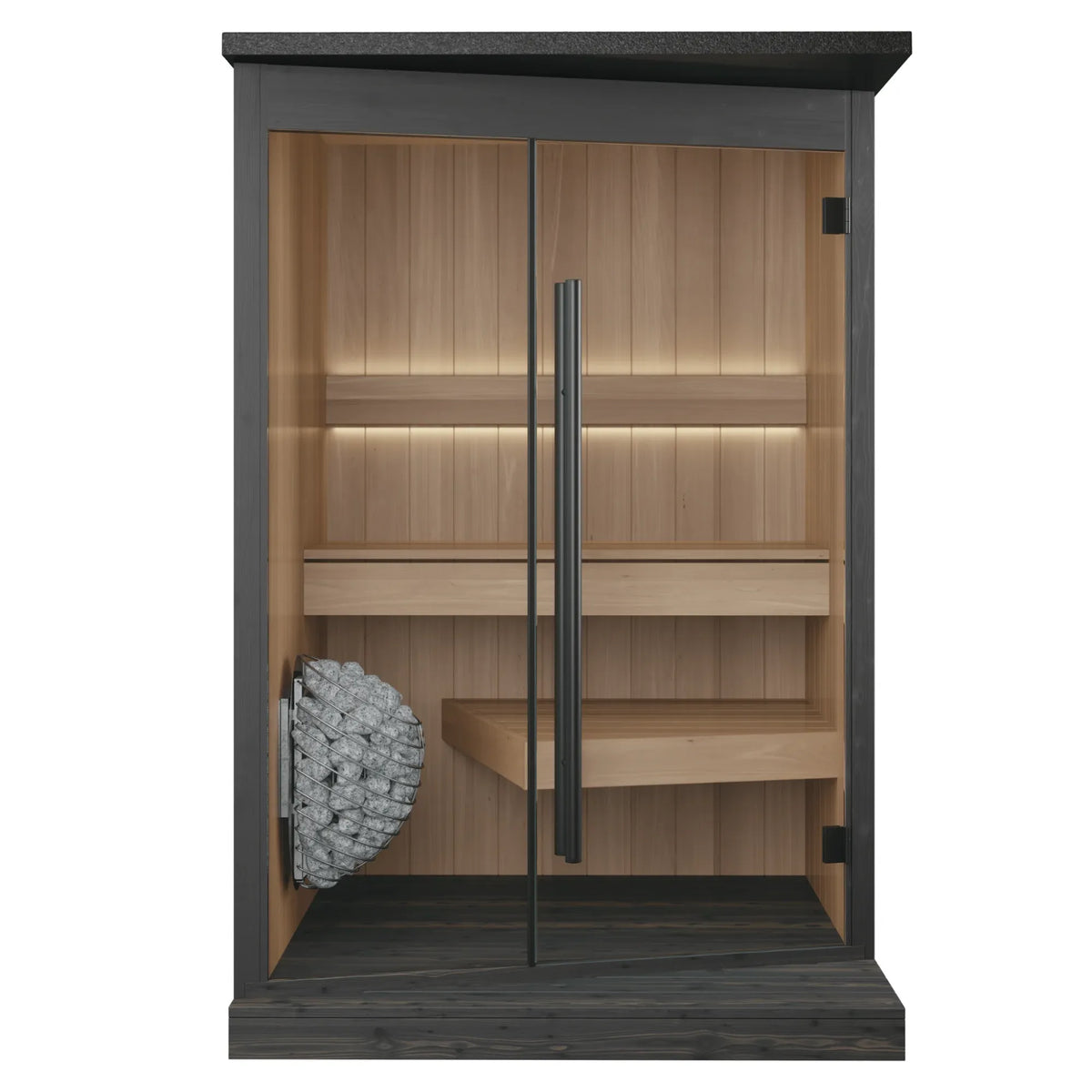 EMBA outdoor sauna in black, front elevation