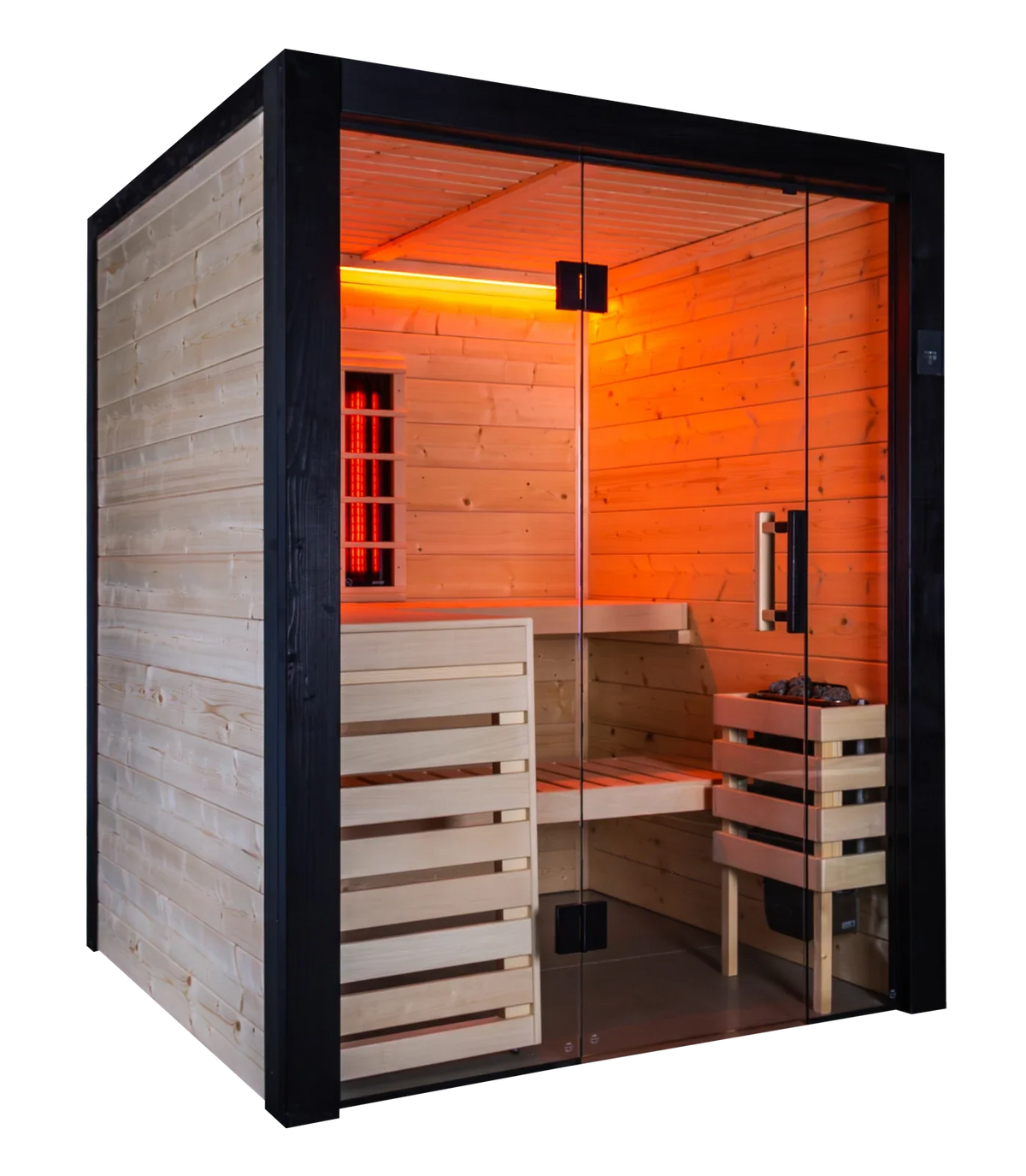 Harvia Family Hybrid Small sauna cabin, spruce with a black frame and full glass front, RGBW lighting on and the infrared radiator glowing on the back wall