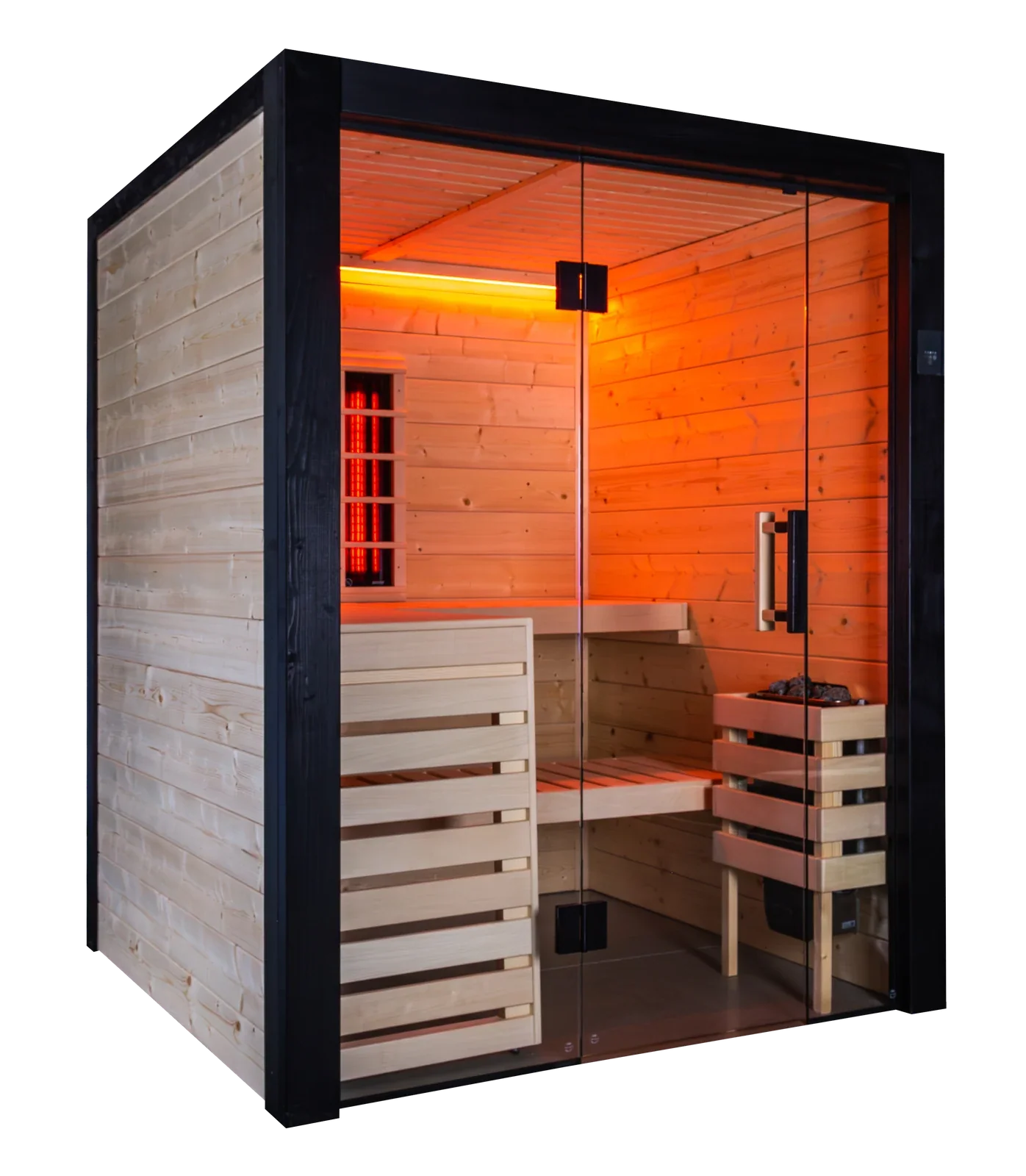 Harvia Family Hybrid Small sauna cabin, spruce with a black frame and full glass front, RGBW lighting on and the infrared radiator glowing on the back wall