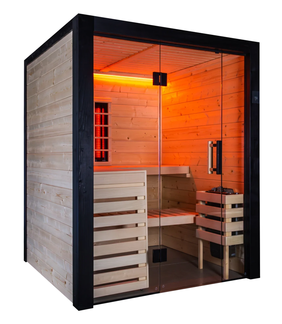 Harvia Family Hybrid Small sauna cabin, spruce with a black frame and full glass front, RGBW lighting on and the infrared radiator glowing on the back wall