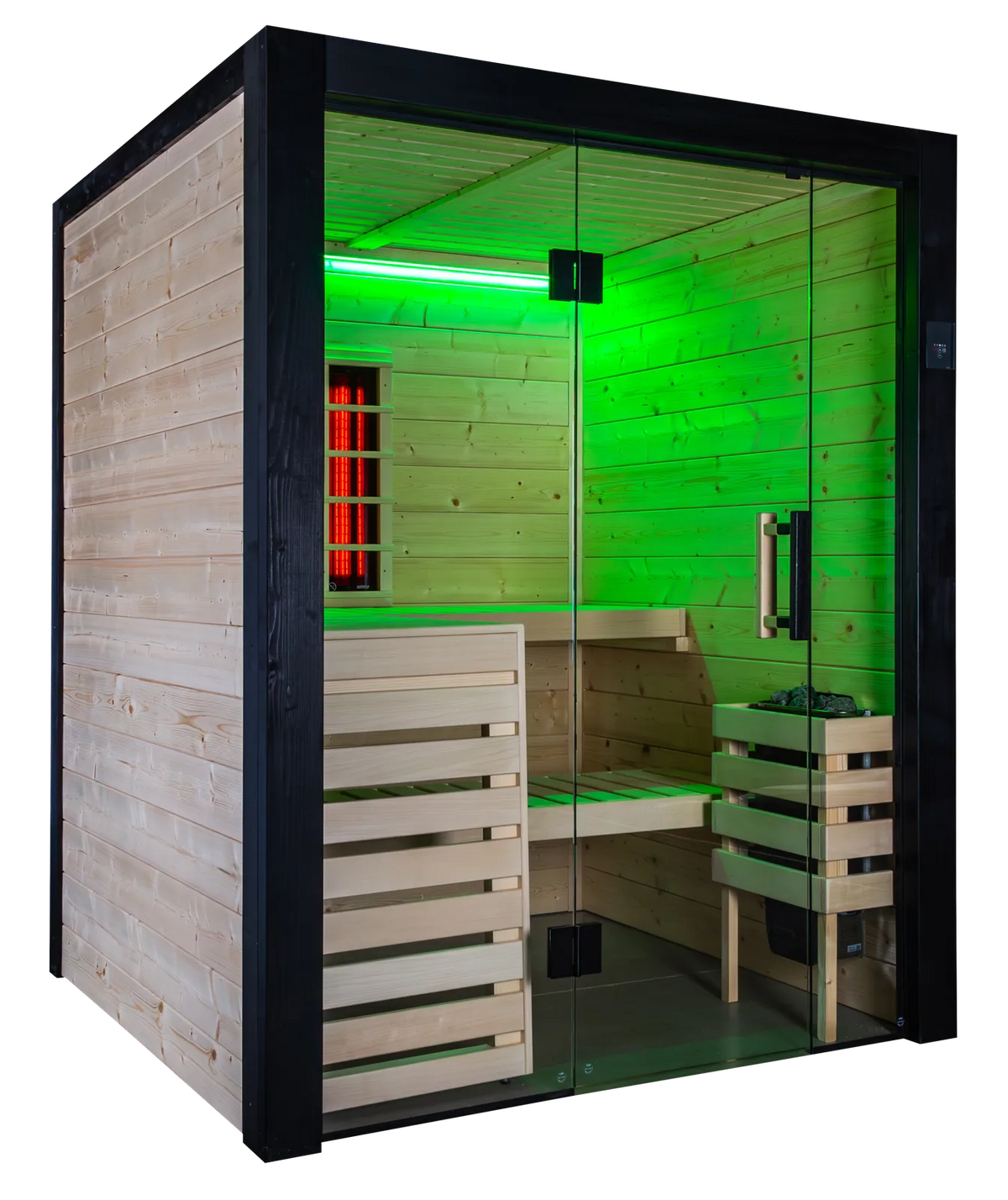 The cabin lit in white, showing the lime wood interior, backrest and headrest