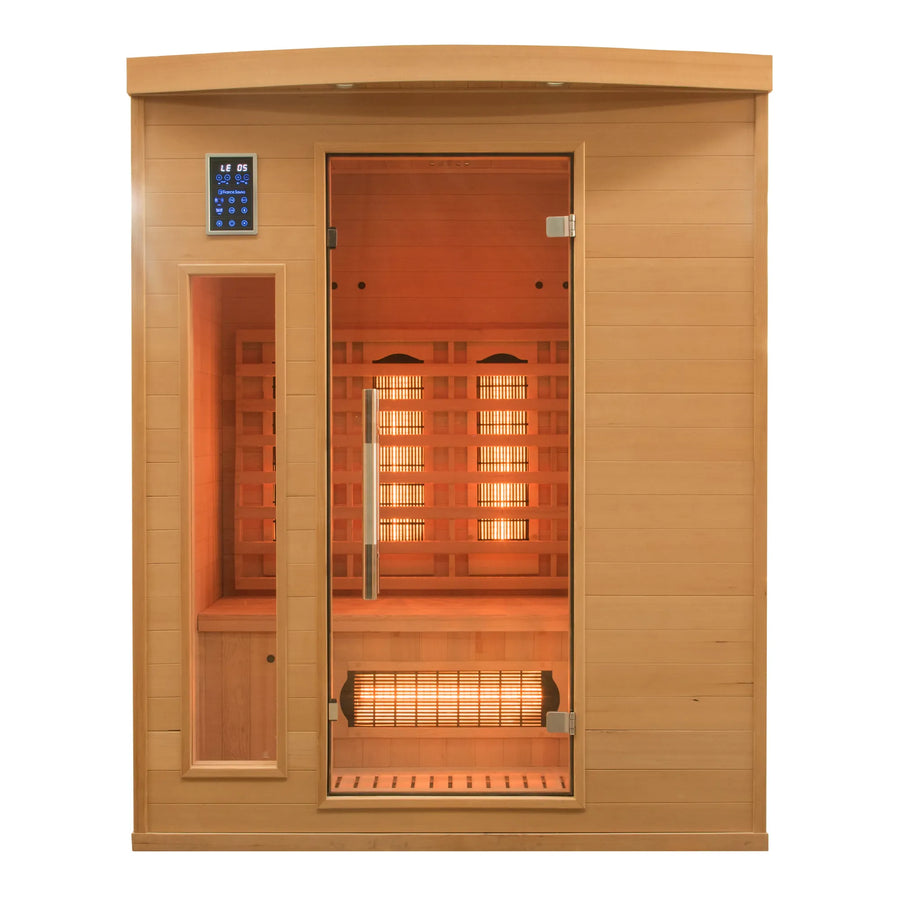 France Sauna Apollon 2 infrared sauna, front view with glass door and emitters lit