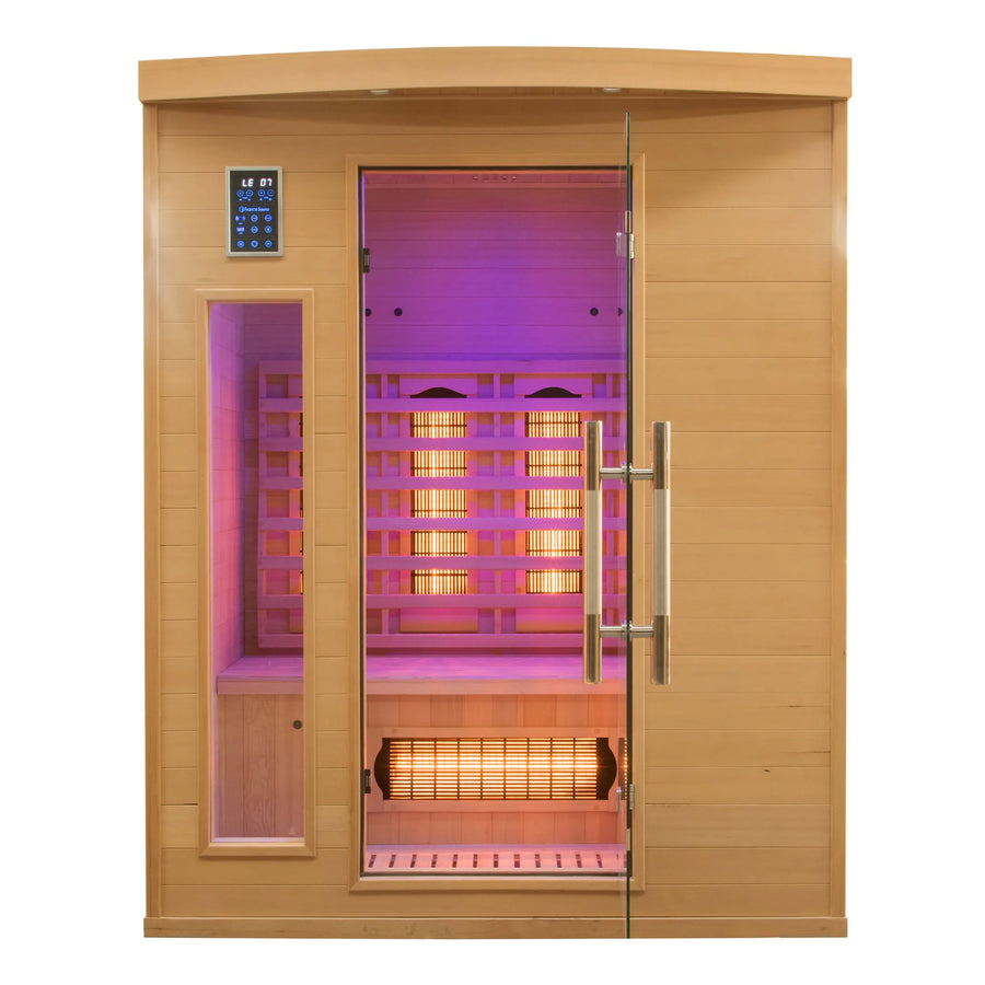France Sauna Apollon 2 infrared sauna, front view with purple chromotherapy light