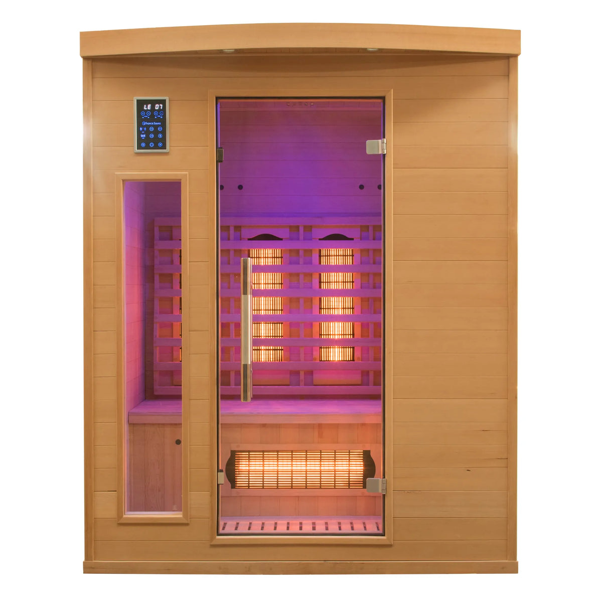 France Sauna Apollon 2 infrared sauna, angled front view with purple chromotherapy light