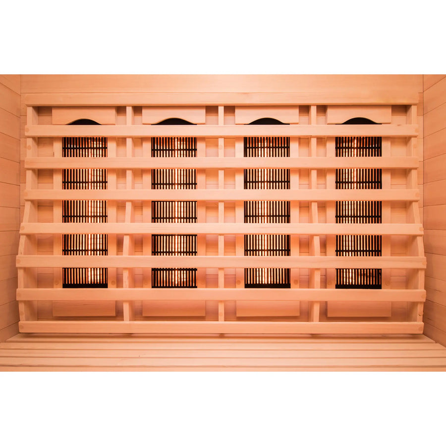 France Sauna Apollon 3 infrared sauna interior showing the rear quartz emitter bank