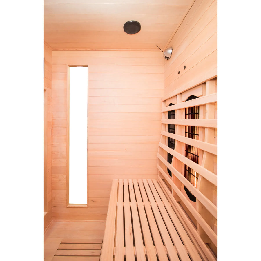 France Sauna Apollon 3 infrared sauna interior showing the bench and side emitter